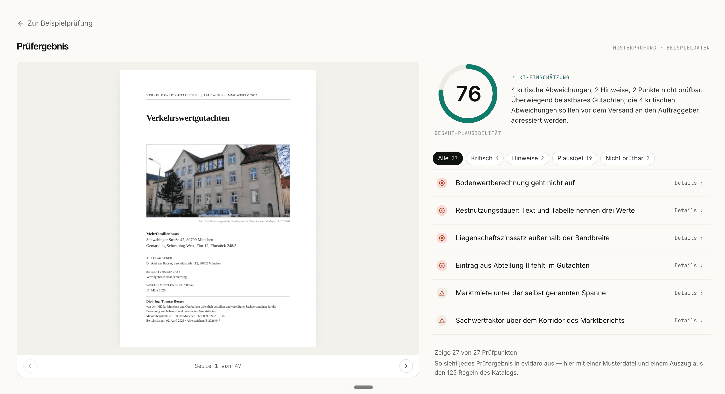Prüfergebnis einer Musterprüfung: links das Gutachten, rechts Score und Befundliste